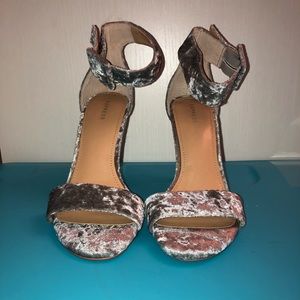 Grey velour ankle buckle heels